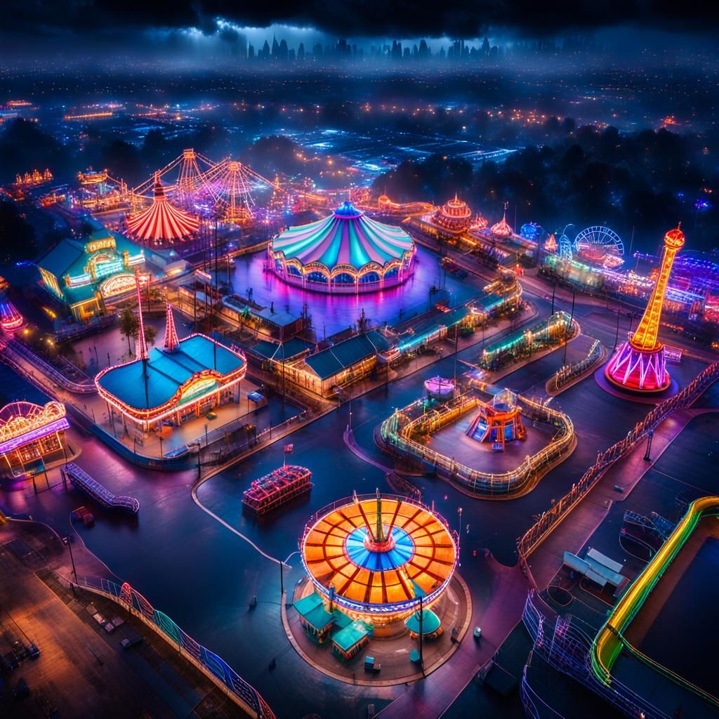 Nighttime Amusement Park in Cinematic Style