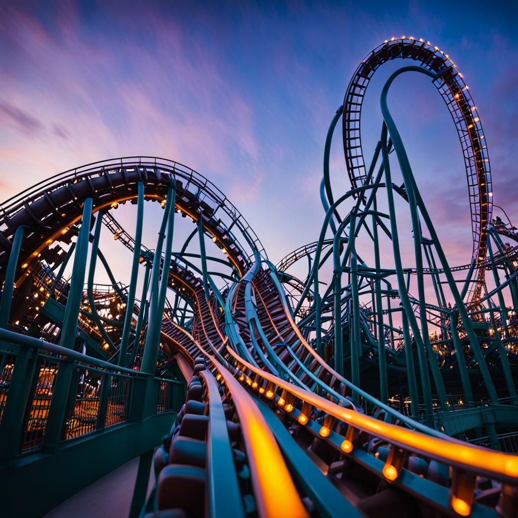 Roller Coaster at Dusk: Cinematic Amusement Park