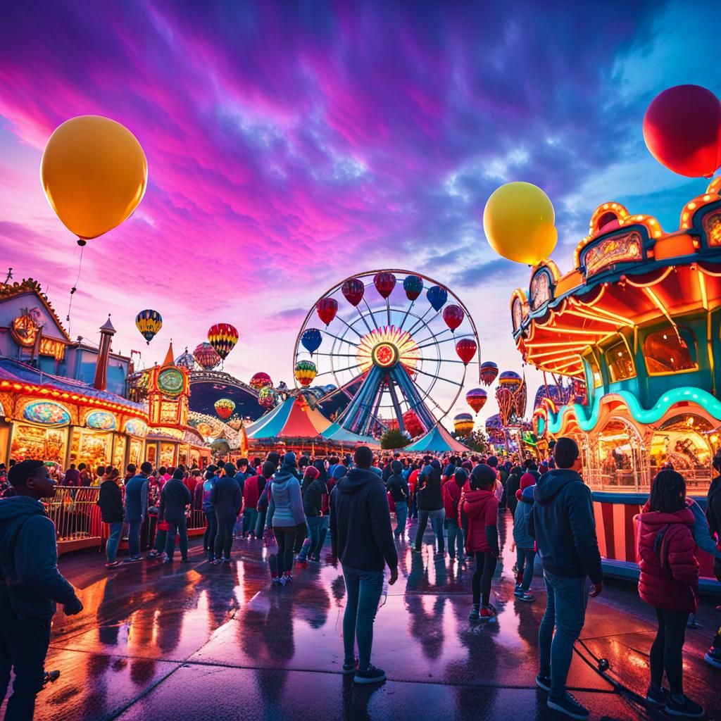 Amusement Park at Dusk in Hyper-Realistic Style
