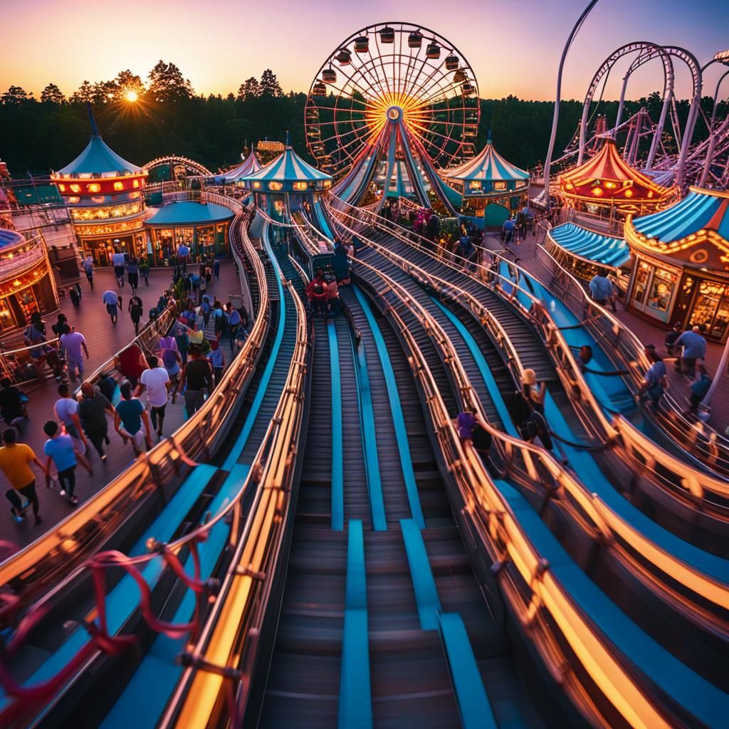 Vibrant Amusement Park at Sunset in HDR Style