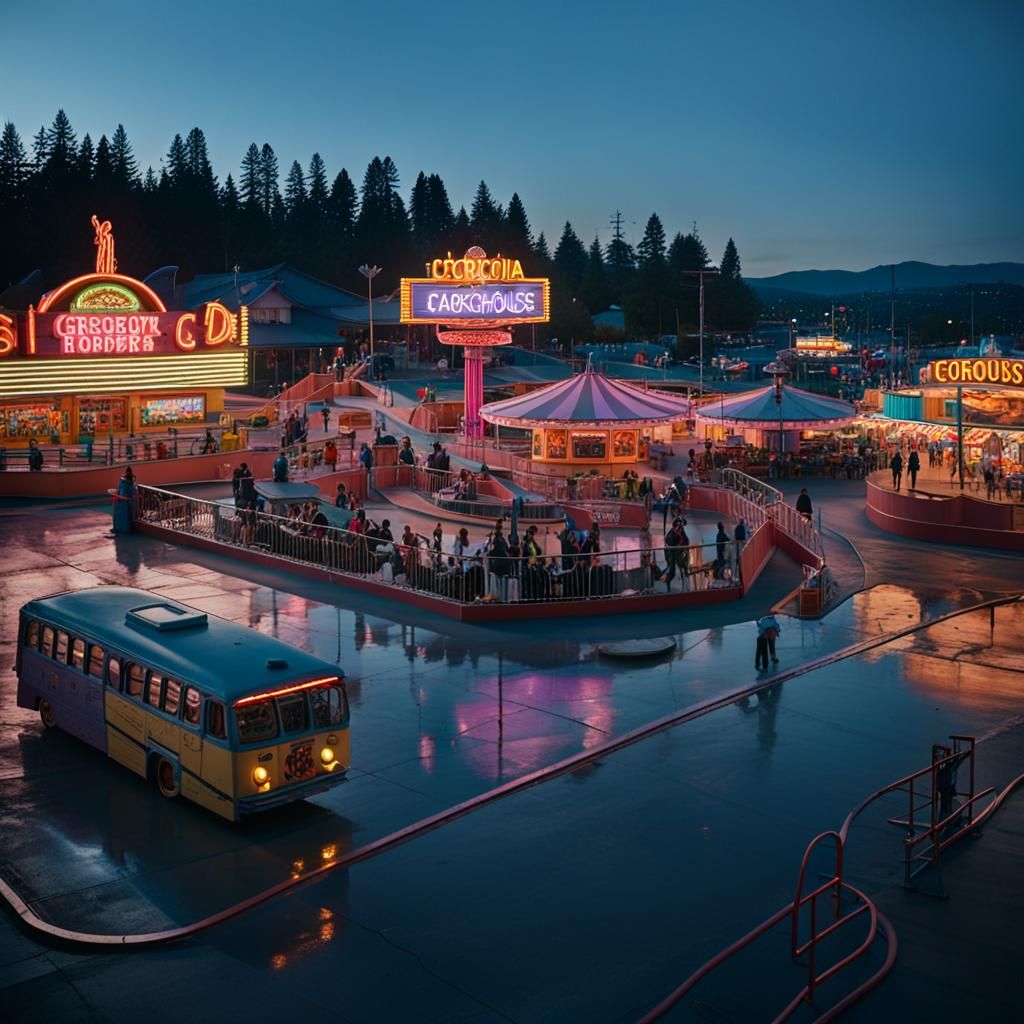 Vibrant Amusement Park at Dusk, Cinematic Photography