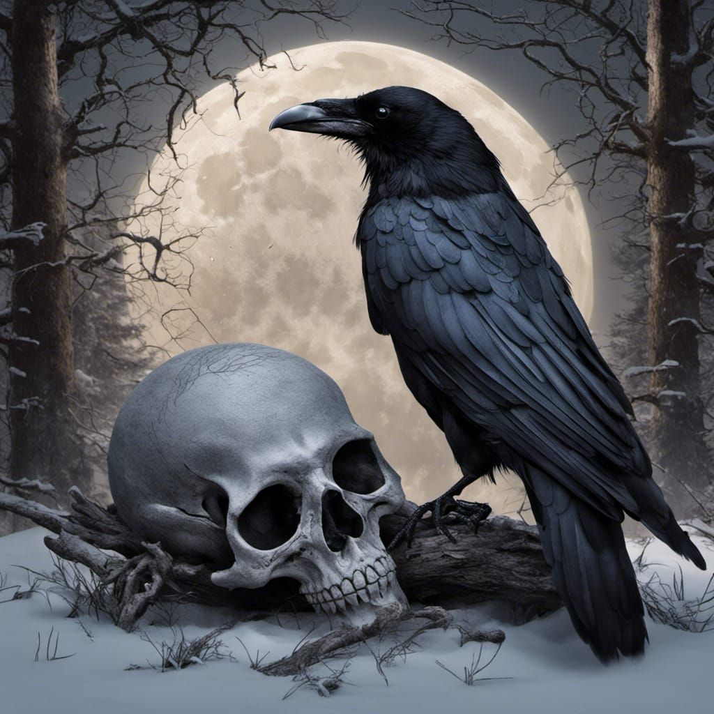 Raven on Skull in Snowy Woods: Hyperrealistic Horror