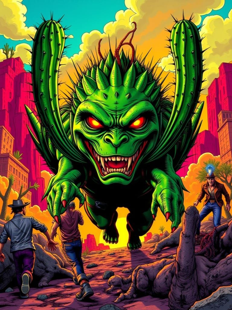 Spiky Cactus Man in Graphic Novel Style