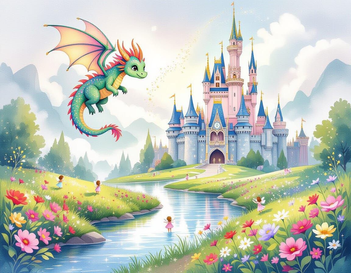 Vibrant Fairy Realm with Dragon in Watercolor