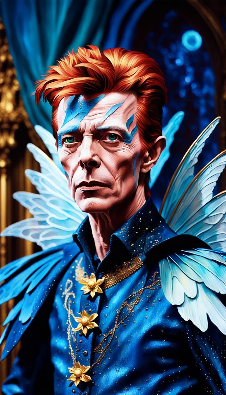 David Bowie as Pierrot with Fairy Wings in Surrealist Oil Pa...