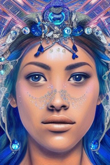 Goddess Amongst Sapphire Crystals: Photorealistic Portrait