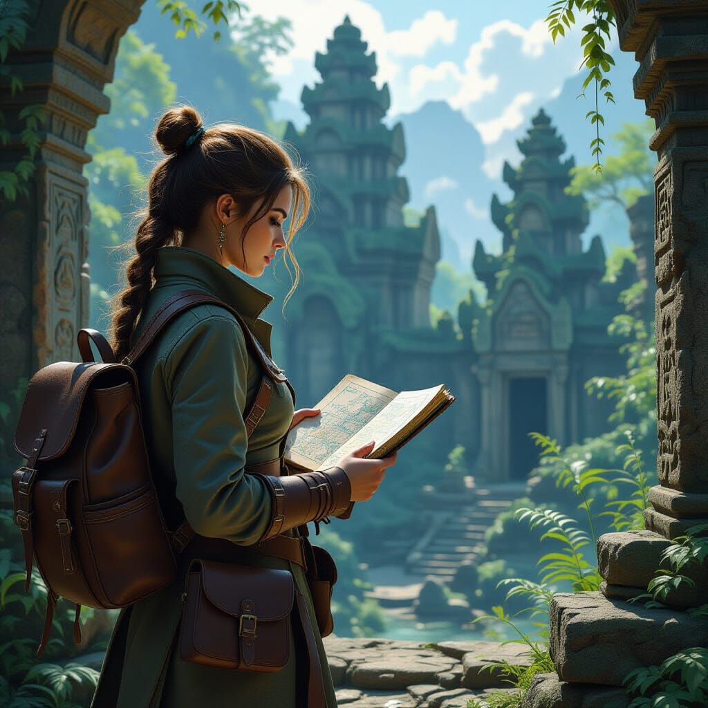 Adventurous Woman Navigating Ancient Ruins in Matte Painting...