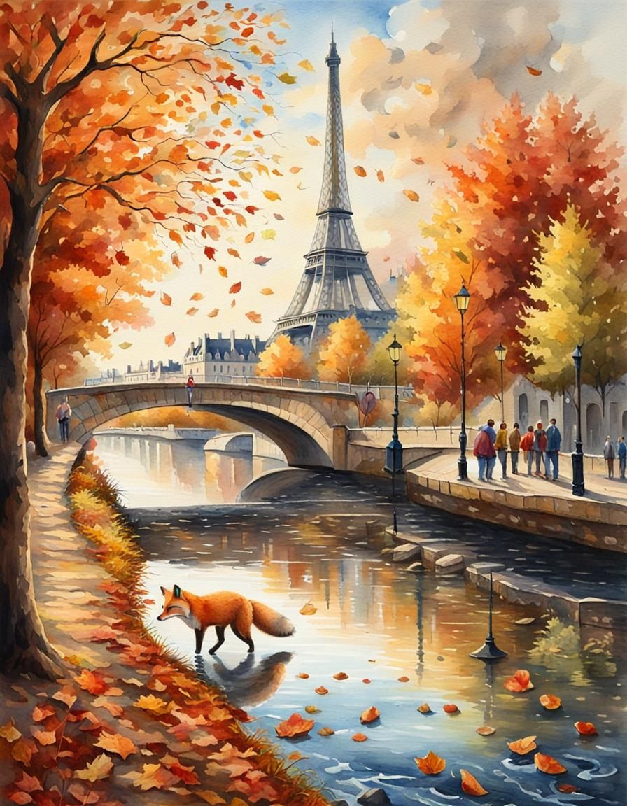 Paris Autumn Scene with Fox in Watercolor Style
