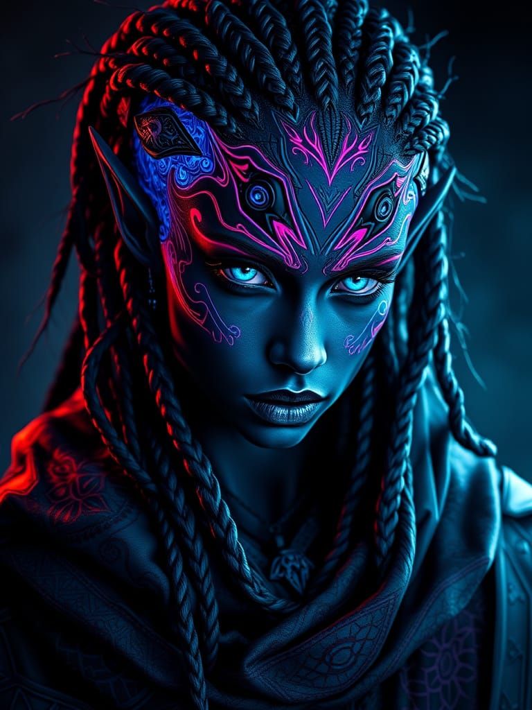 Mysterious Dark Elf Android in Cryptopunk Style