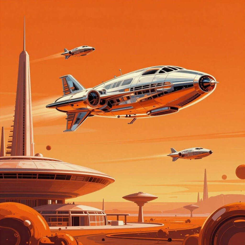 Retro Futurism Scene With Orange Spacecraft