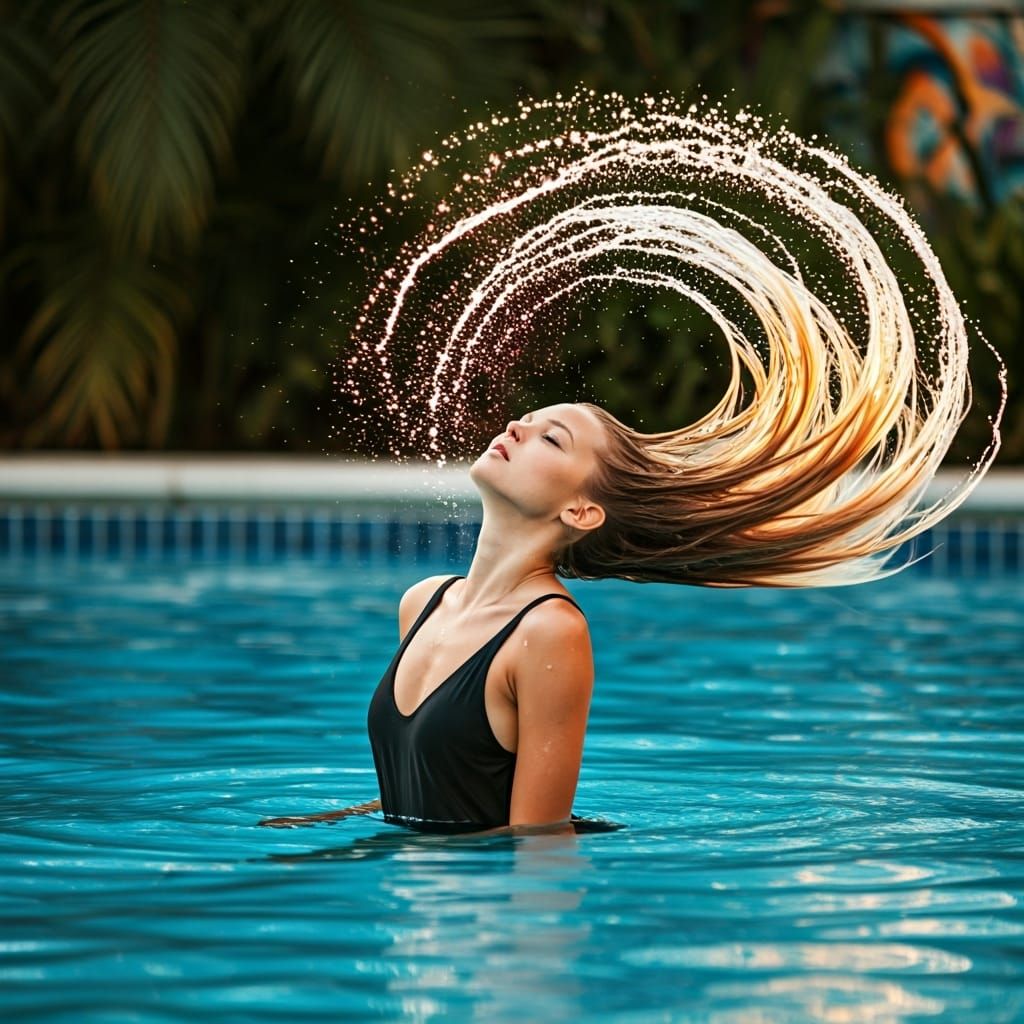 Aquatic Crescent: Girl's Hair Creates Water Arc