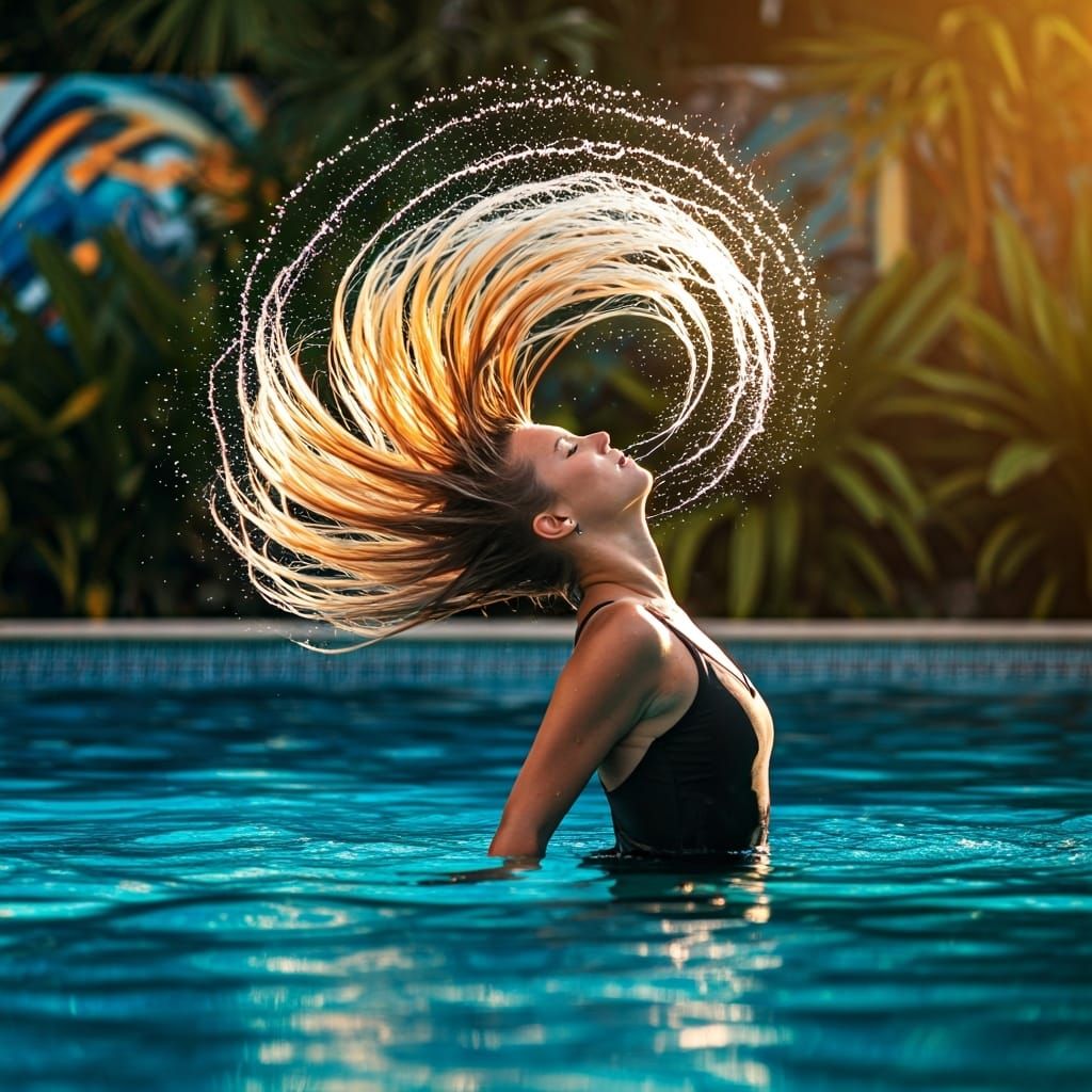 Golden Hour: Girl Flicks Hair in Aquamarine Pool