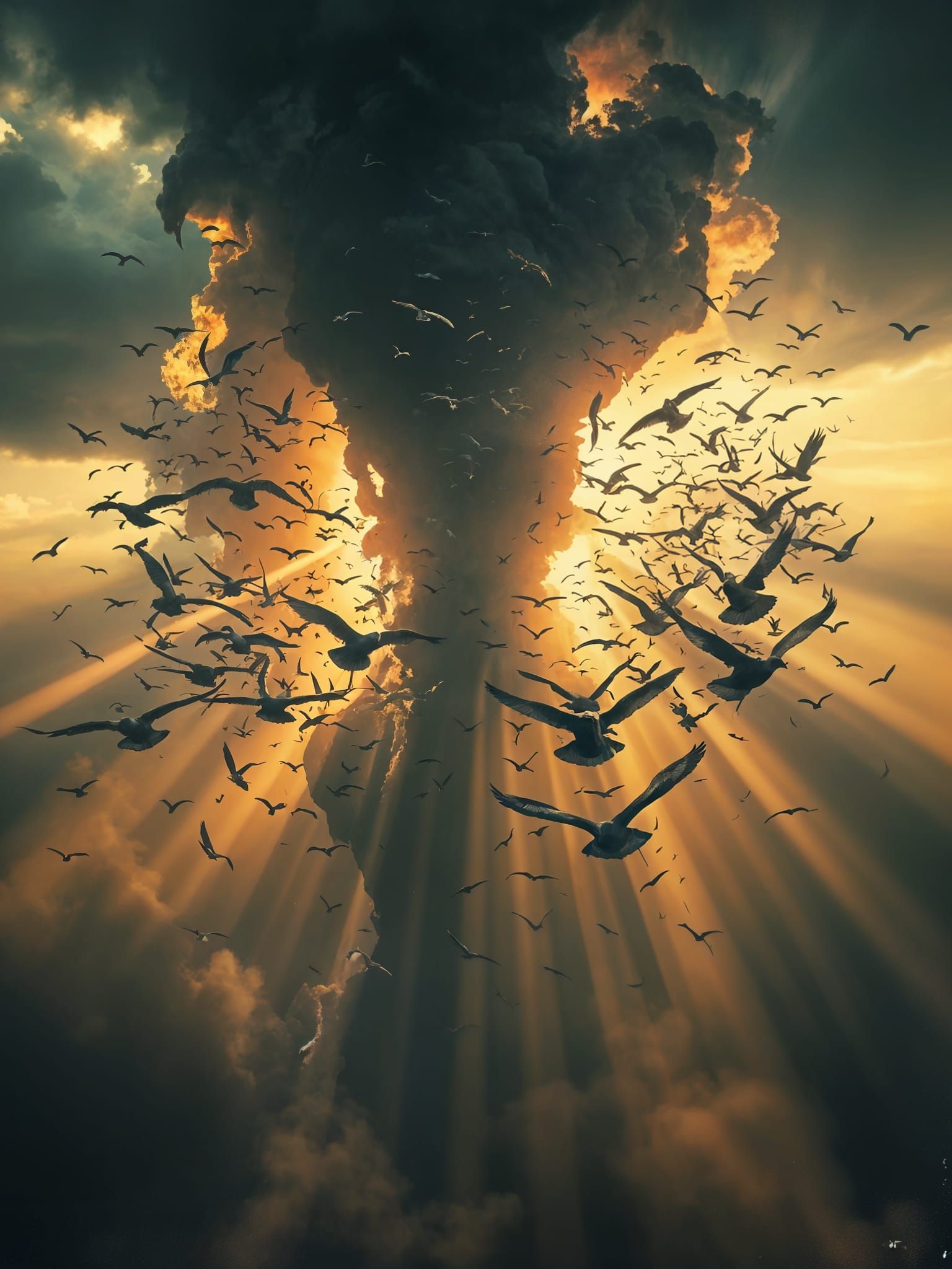 Epic Bird Storm with Crepuscular Rays