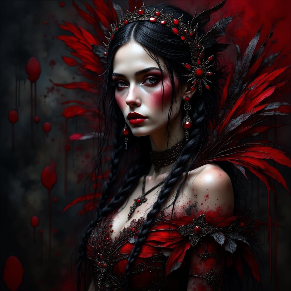 Elegant Woman Portrait with Crimson Feathers & Ornaments