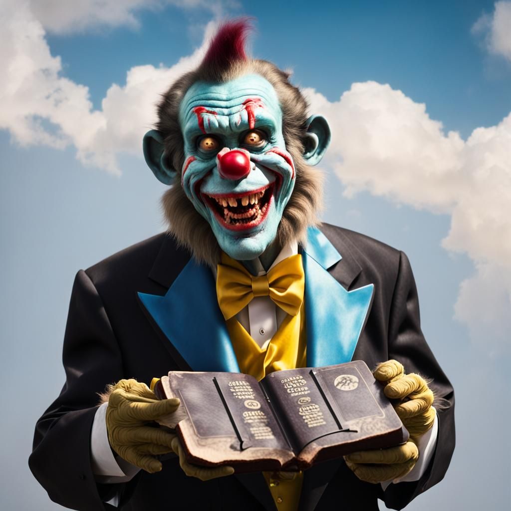 Zombie Monkey Clown with Bible in Divine Light