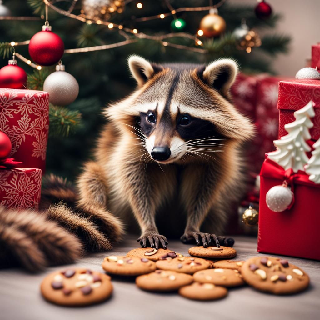 A raccoon eating cookies under Christmas tree