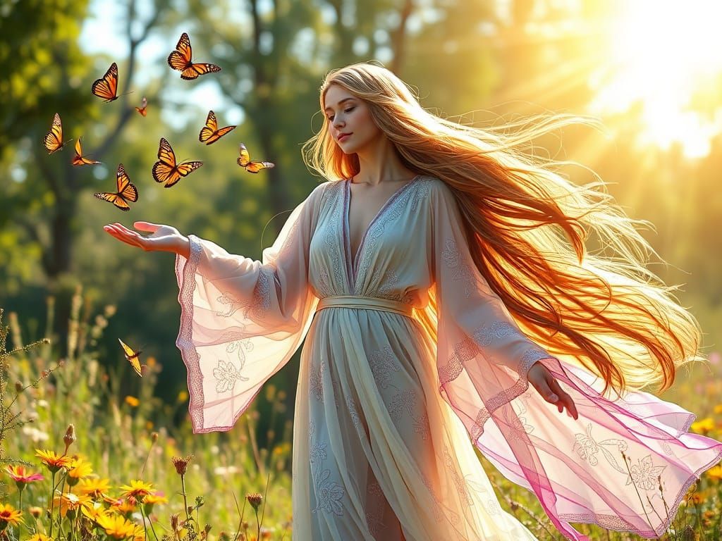Sunlit Glade: Woman with Flowing Hair