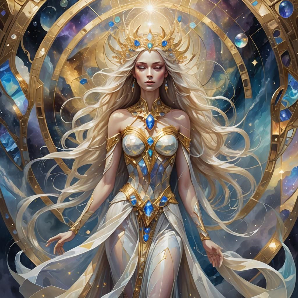 Golden Goddess Enters Portal in Crystalline Cubism