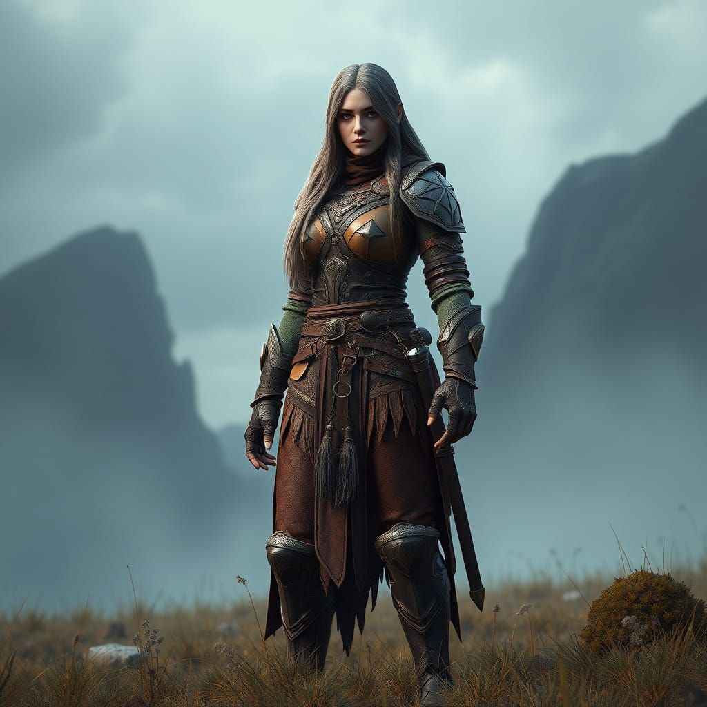 Ethereal Giantess in Leather Armor, Standing Tall in a Vibra...