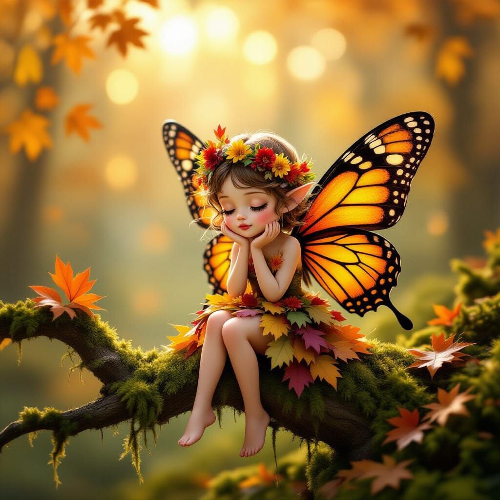 Chibi Fairy with Orange Butterfly Wings in Autumn Forest