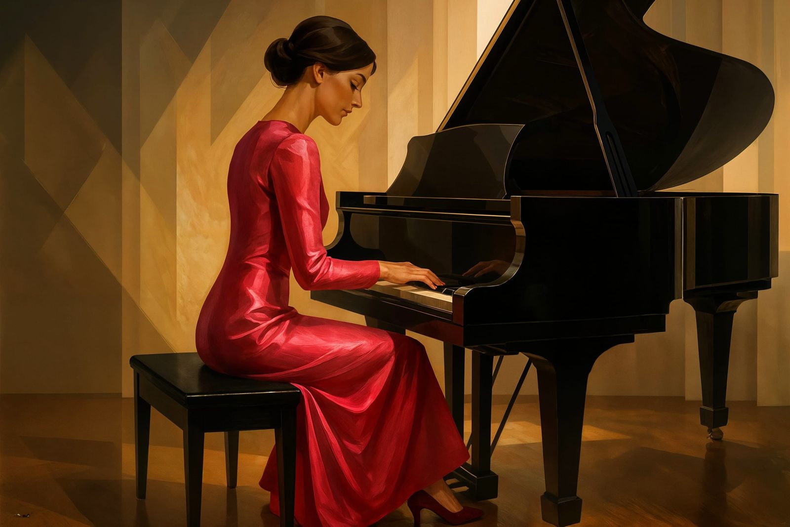 Elegant Woman at Grand Piano in Digital Art