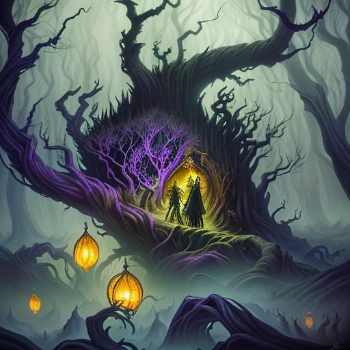 Vampires Embrace in Mystical Forest Illustration