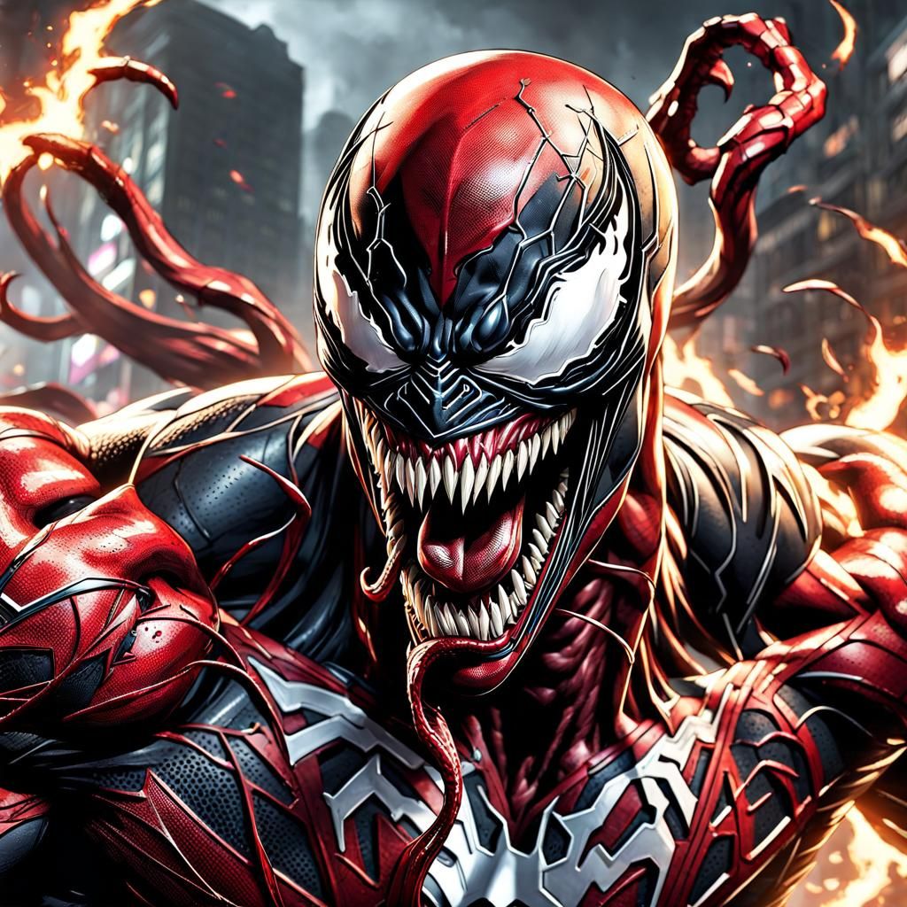 venom in carnage mode, intricate_details. Elaborate background. Perfect_composition. Dynamic pose. Action_scene. High co...