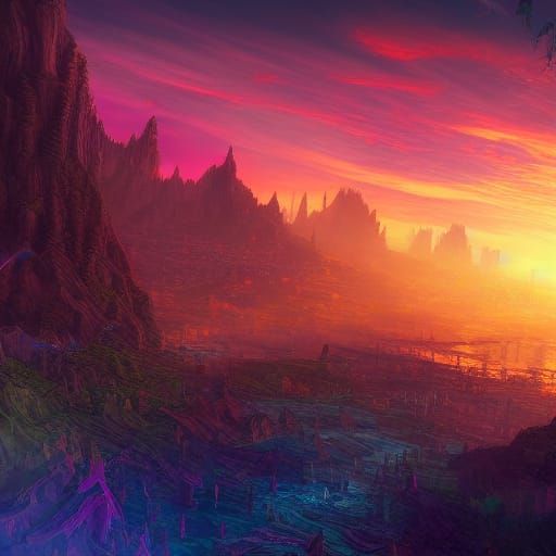 Colorful Vibrant Sunset in Detailed Matte Painting