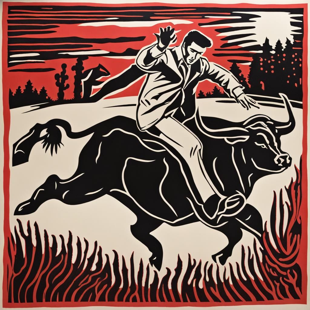 Elvis Running from Bull in Block Print Style