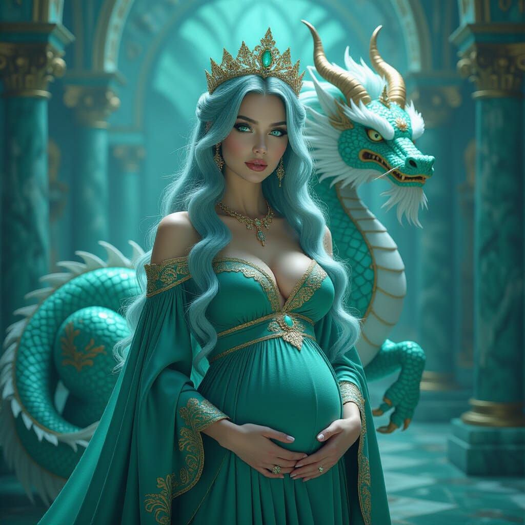 Gothic Woman with Dragon in Teal Marble Room