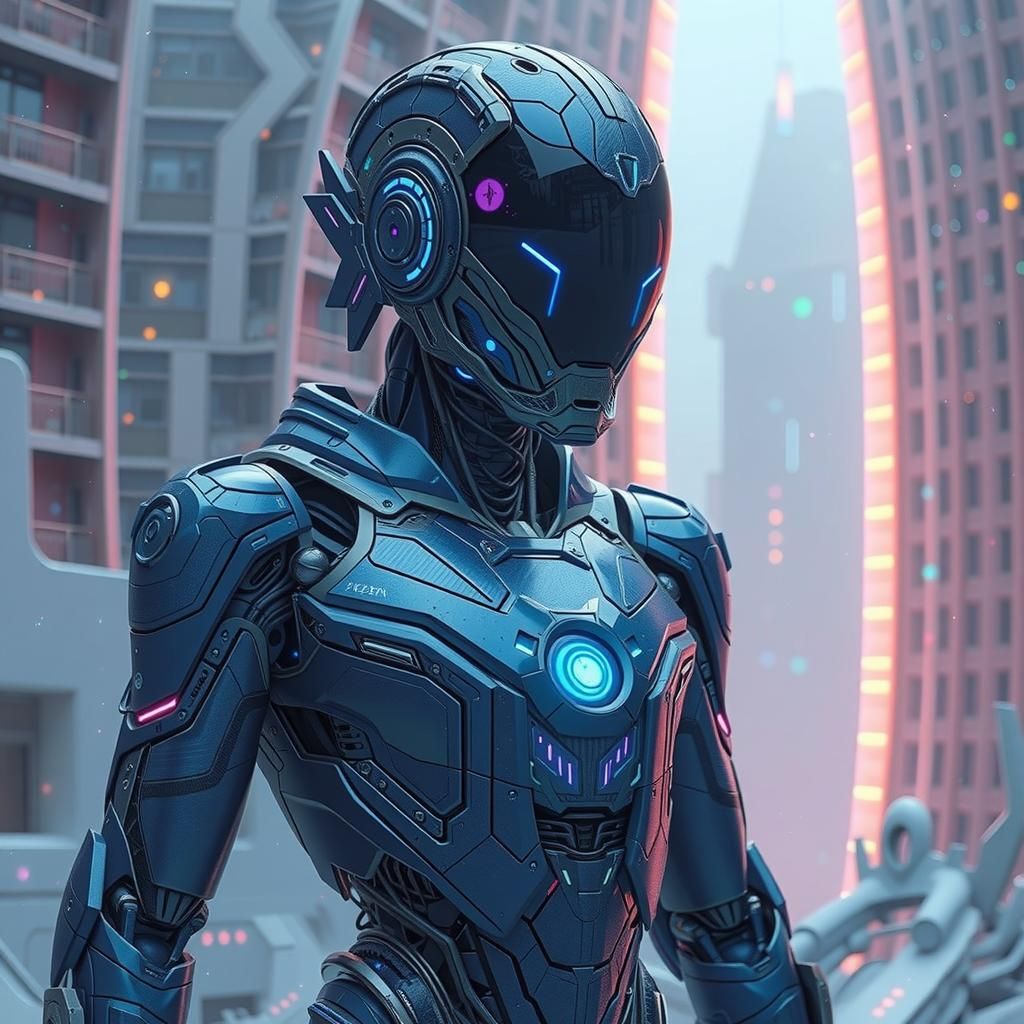 a futuristic robot clad in metallic armor and glowing blue c...