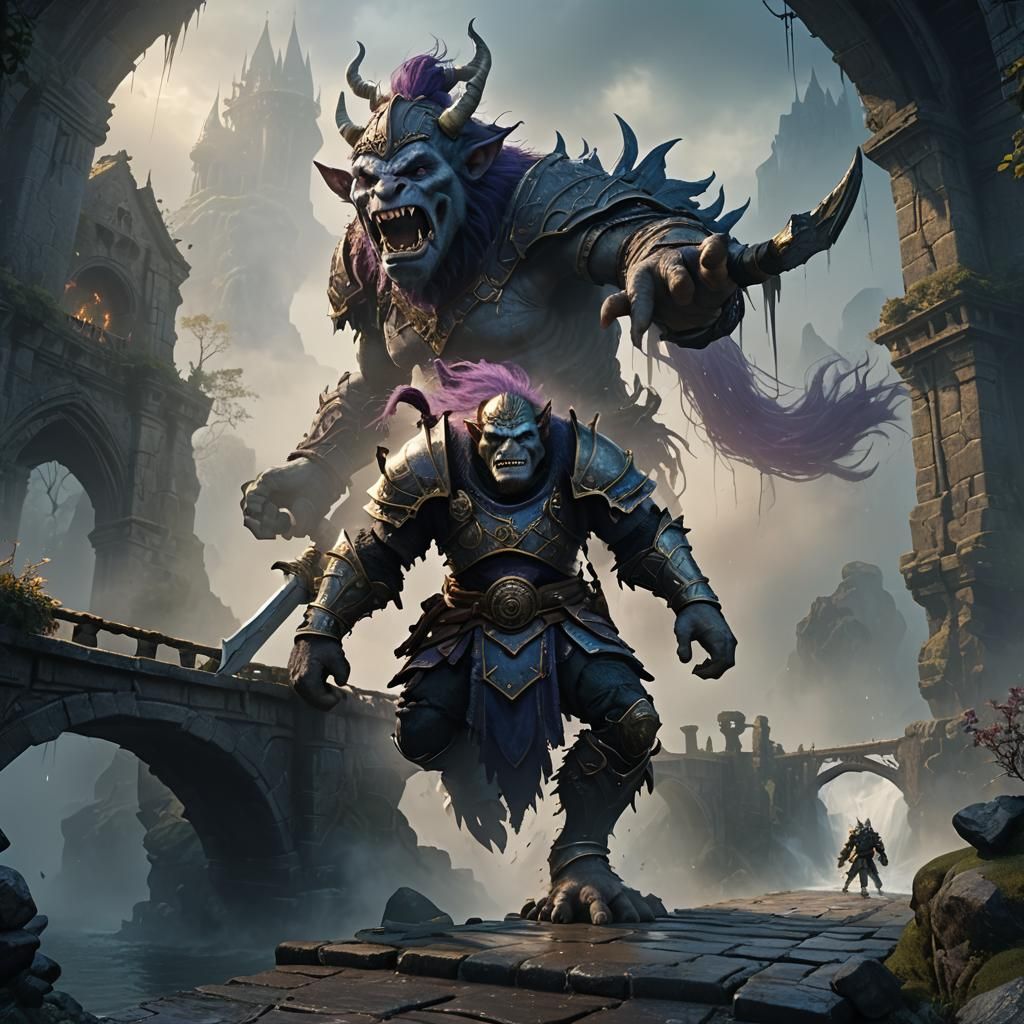 Troll and Knight Clash on Mystical Bridge