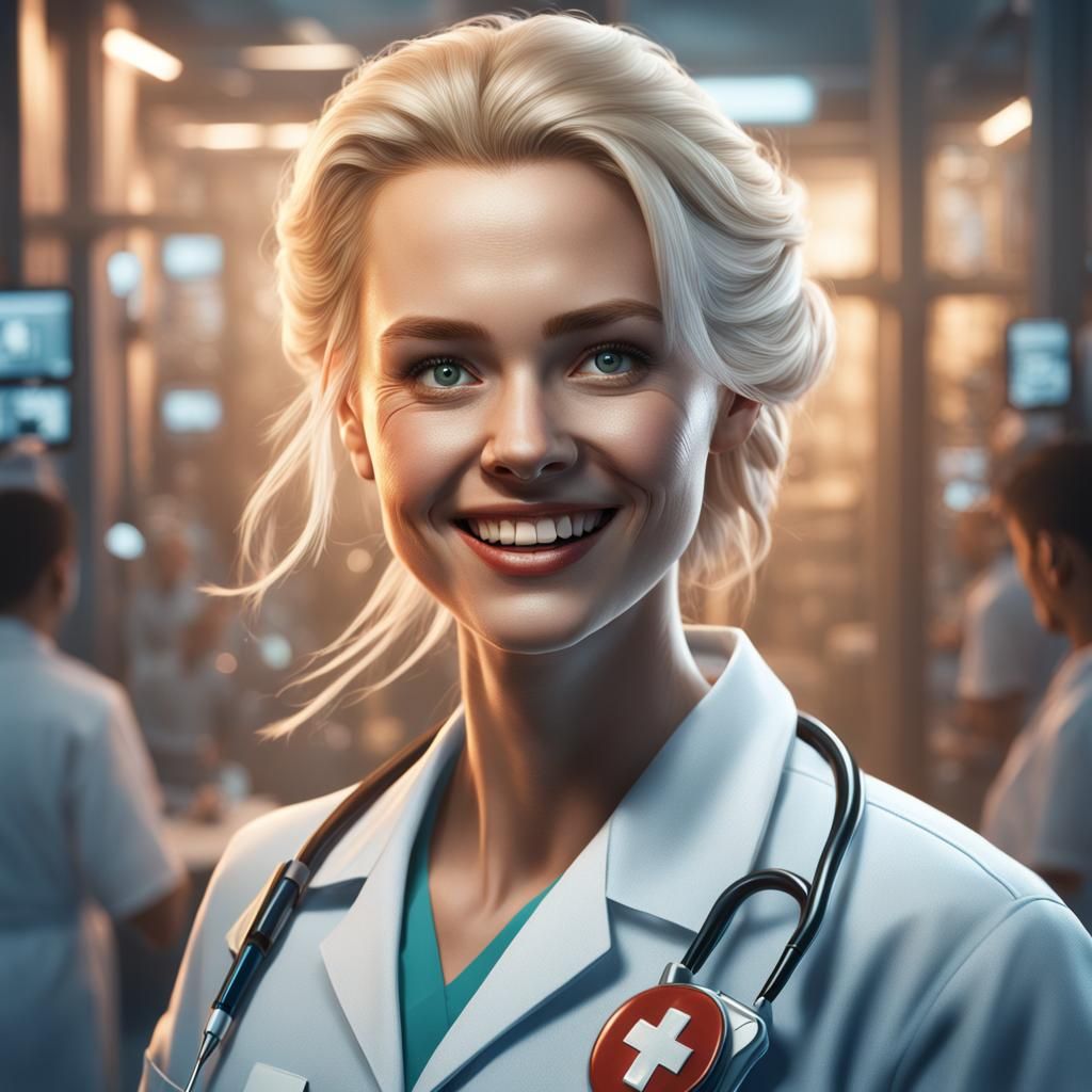 Smiling Nurse with Needle in Detailed Matte Painting