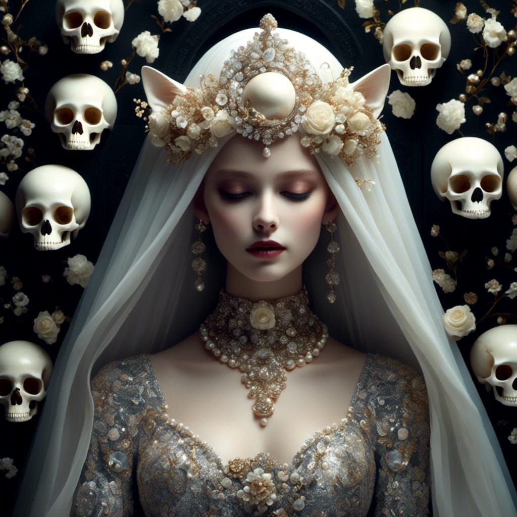 Gothic Cats and Pearlescent Skulls in Pre-Raphaelite Style