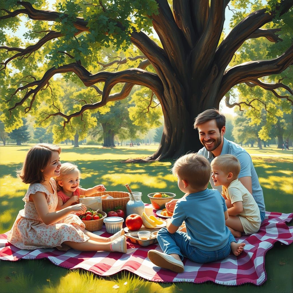 Happy Family Picnic in Sunny Park - Impressionistic Oil Pain...