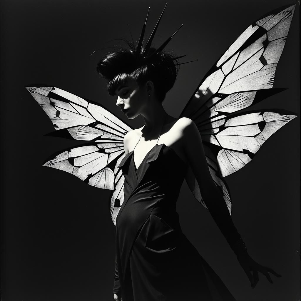 Geometric Goth Fairy in Black and White Photogram Style