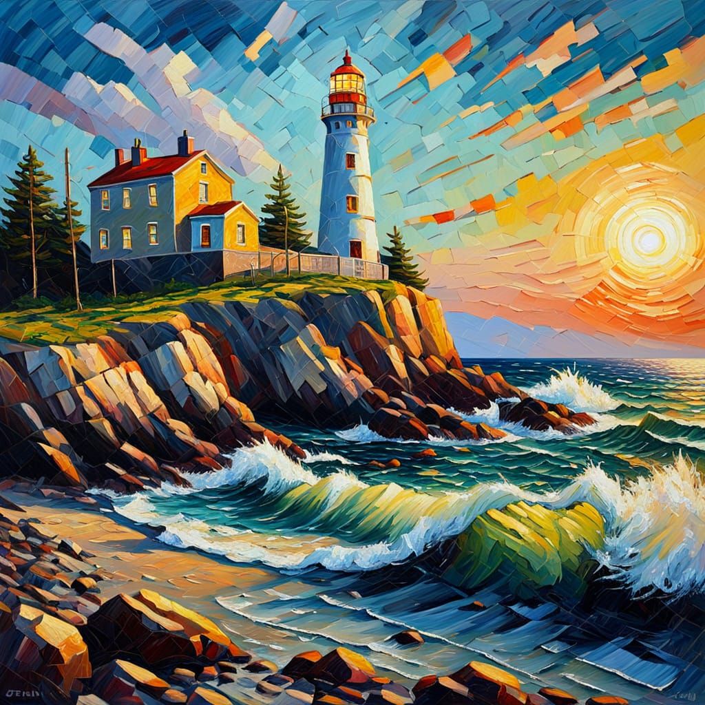 Expressionist Lighthouse Oil Painting with Thick Impasto Tex...