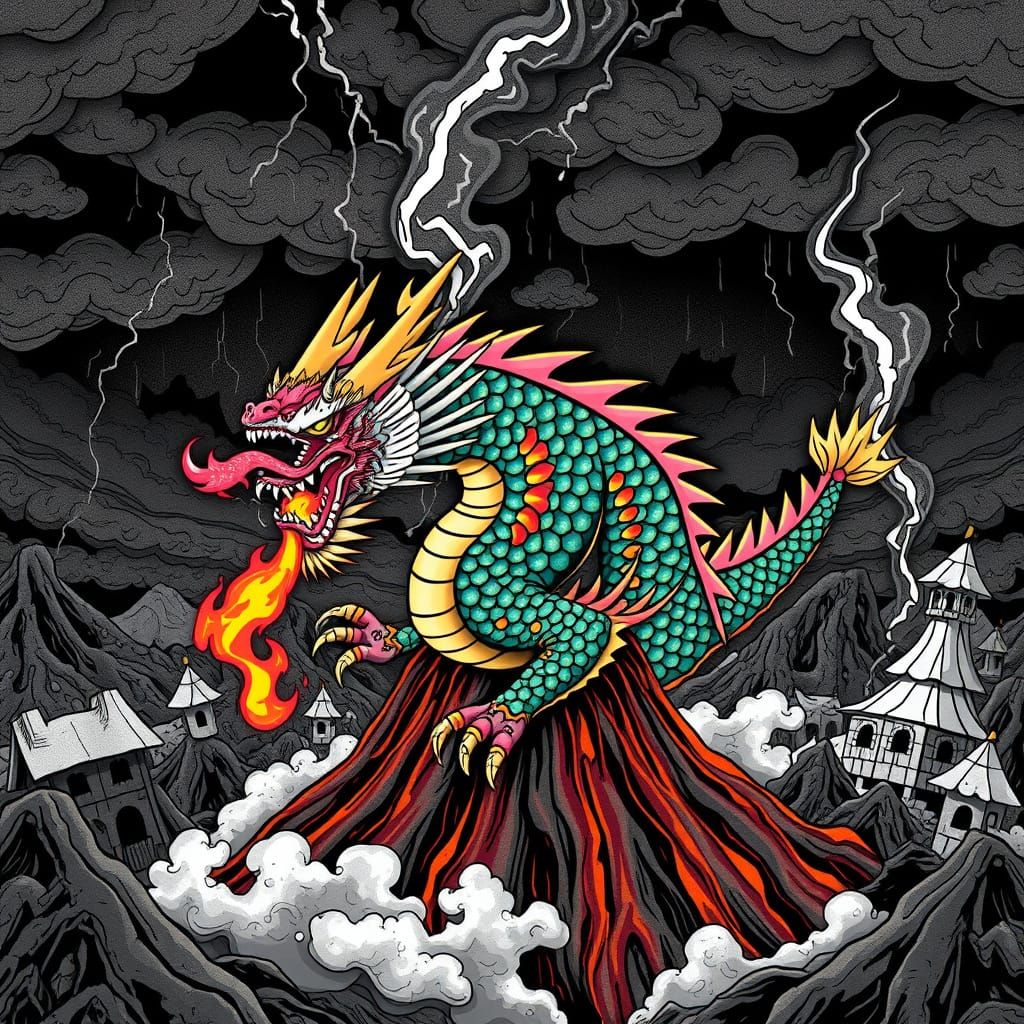 Japanese Dragon Erupts from Smoldering Volcano in Whimsical ...