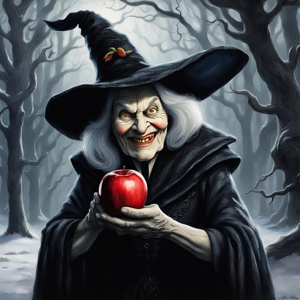 Sinister Witch with Apple: A Dark Fantasy Portrait