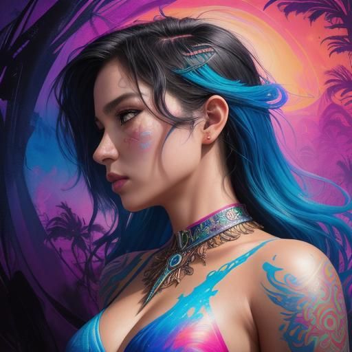 Warrior Goddess Profile in Vaporwave Gouache Style