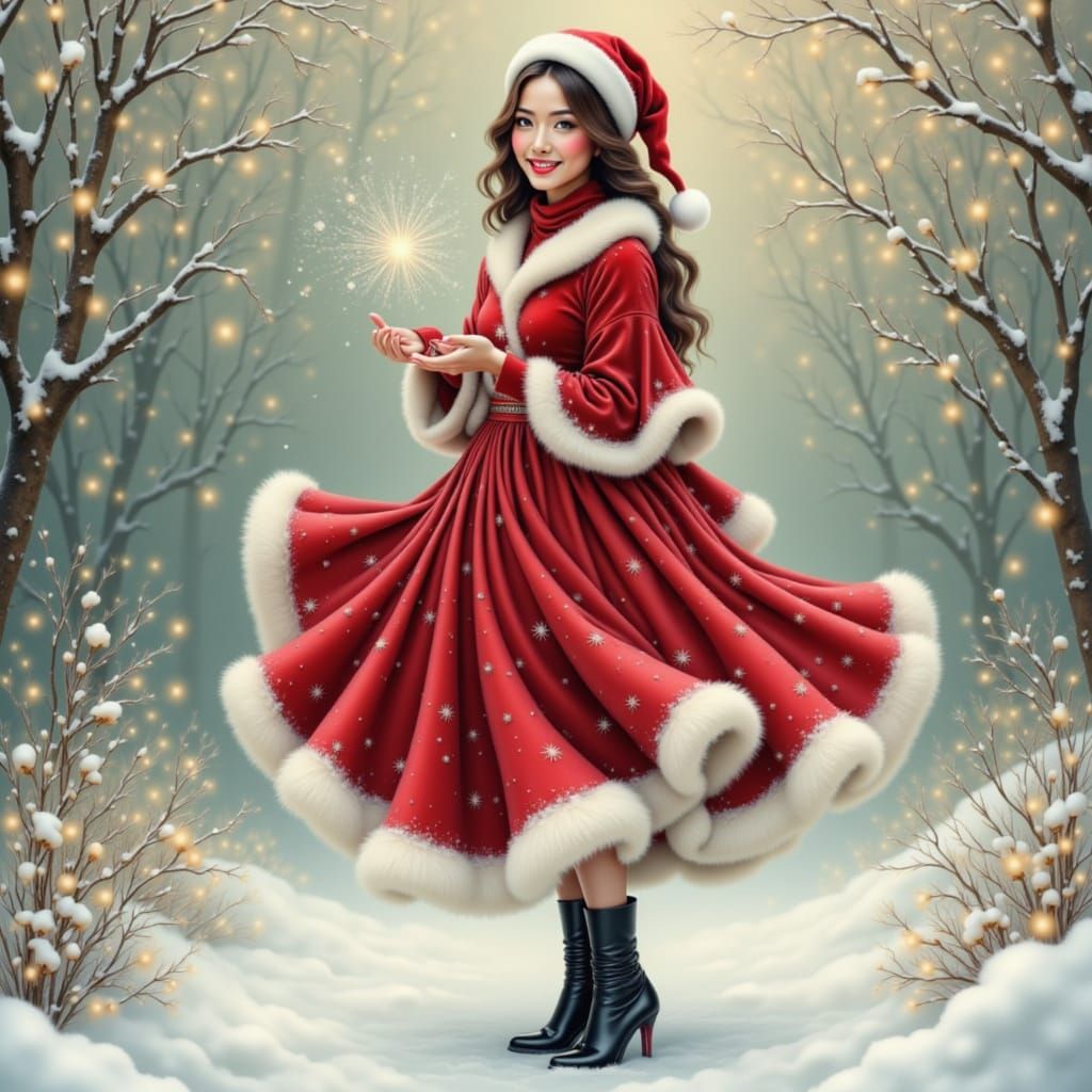 Pastel Christmas Scene of Woman in Snowy Garden