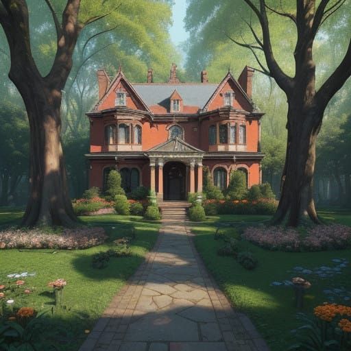 Majestic Victorian Mansion in a Vibrant Forest Landscape