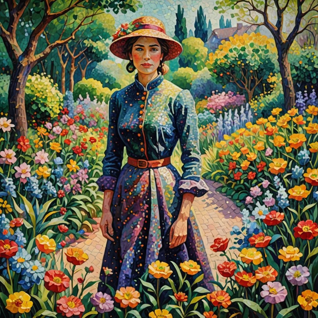 Pointillist Woman in Lush Garden