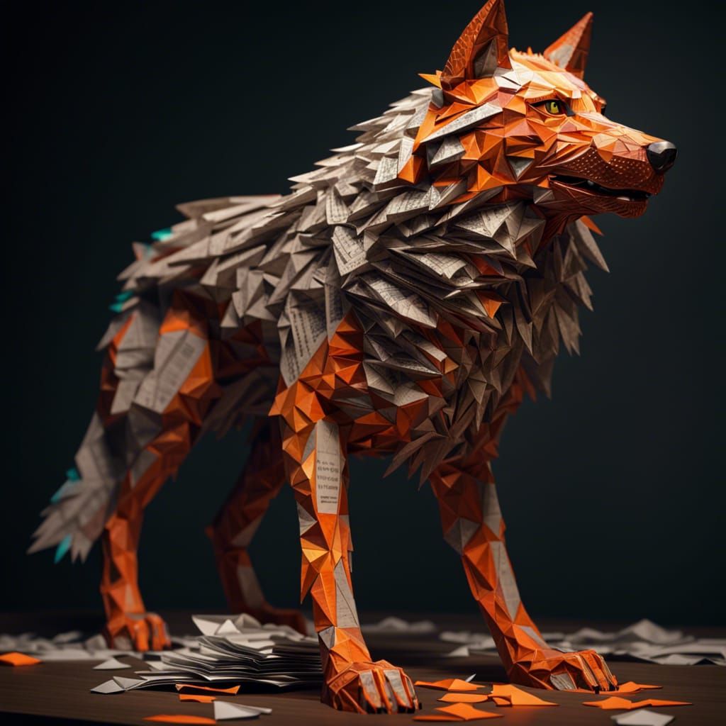 Newspaper Wolf Sculpture in Dynamic Lighting