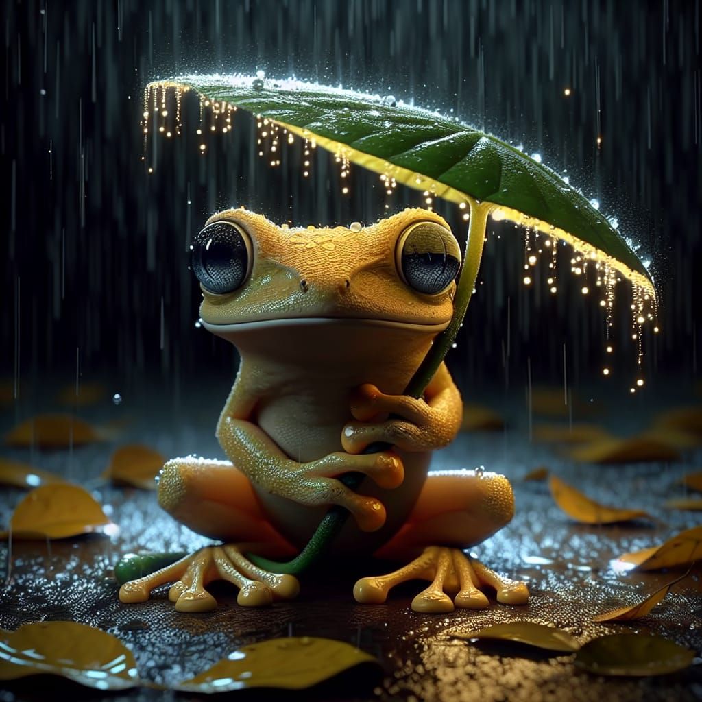 Cartoon Frog with Leaf Umbrella in Digital Art