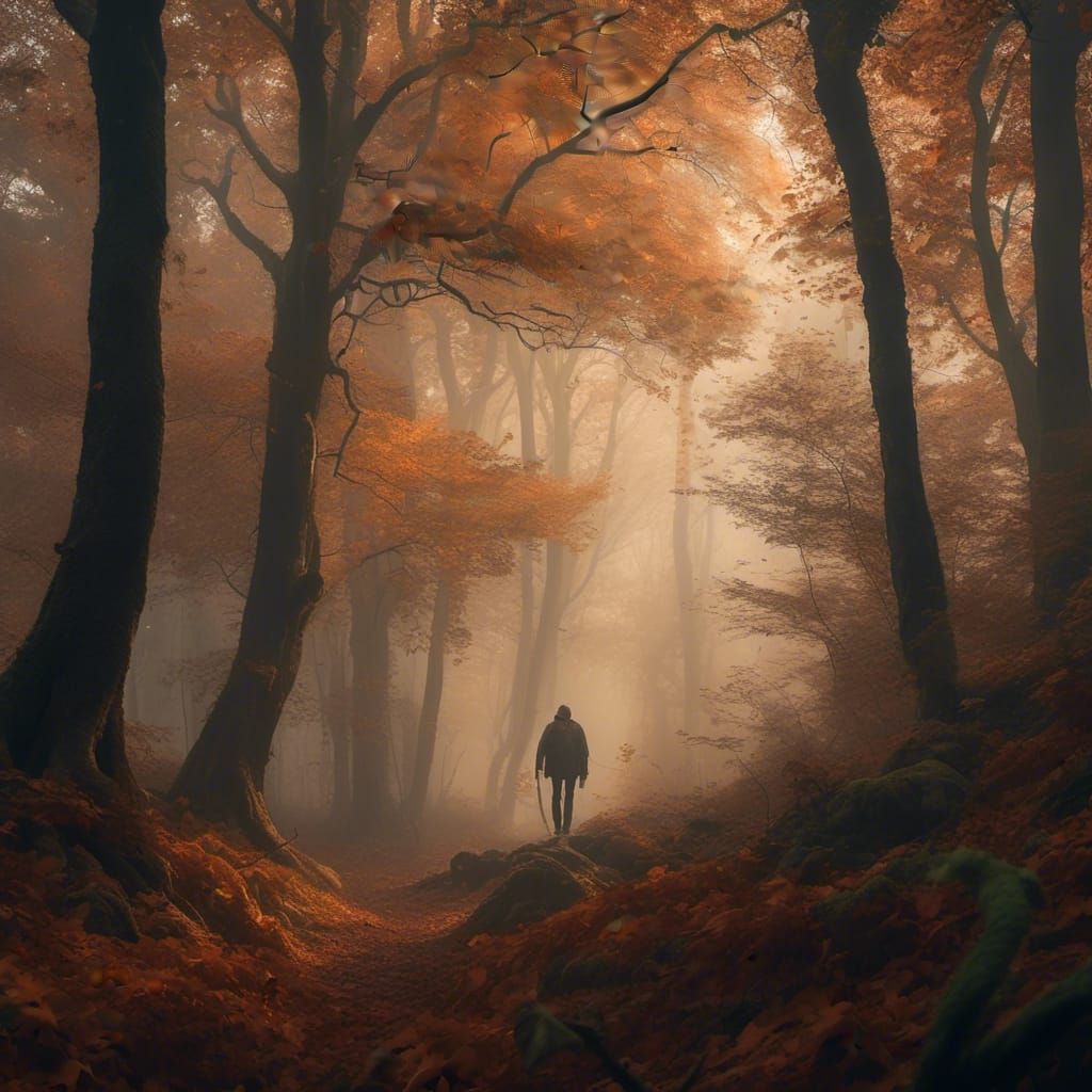 Misty Forest Landscape with Figure in Autumn Woods
