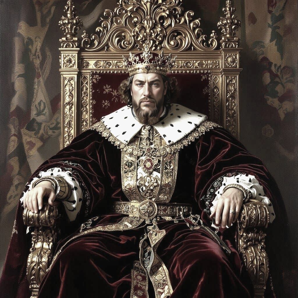 Medieval King on Throne with Golden Decorations