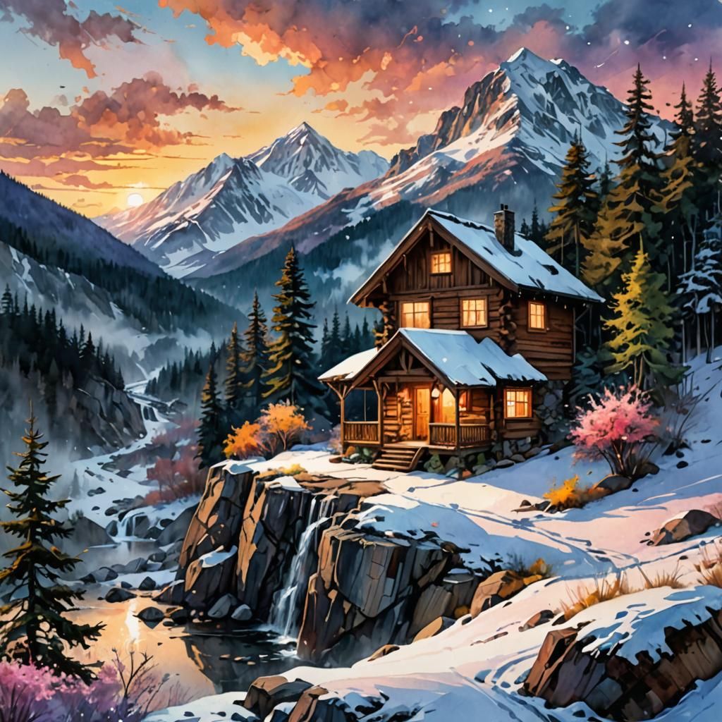 Snowy Mountain Cabin: Digital Watercolor Illustration