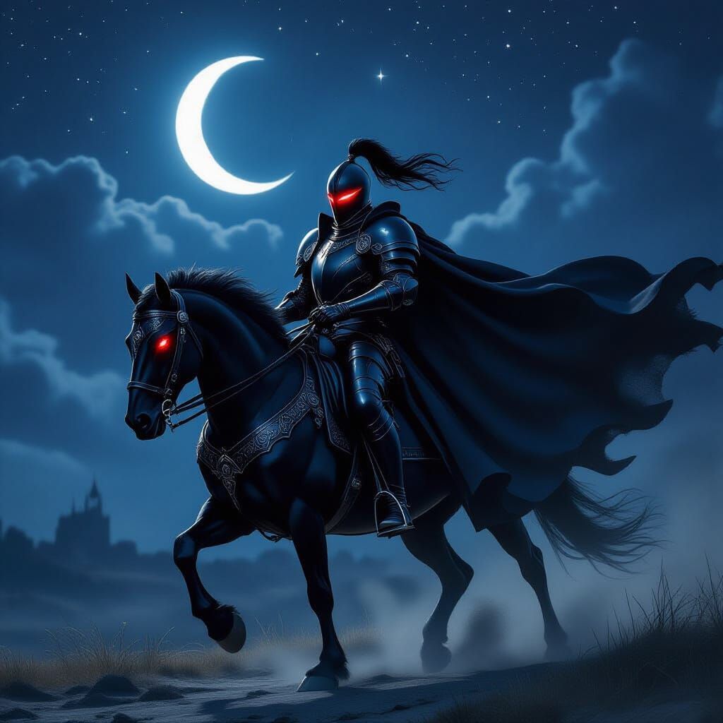 Epic Black Knight Rides Under Crescent Moon