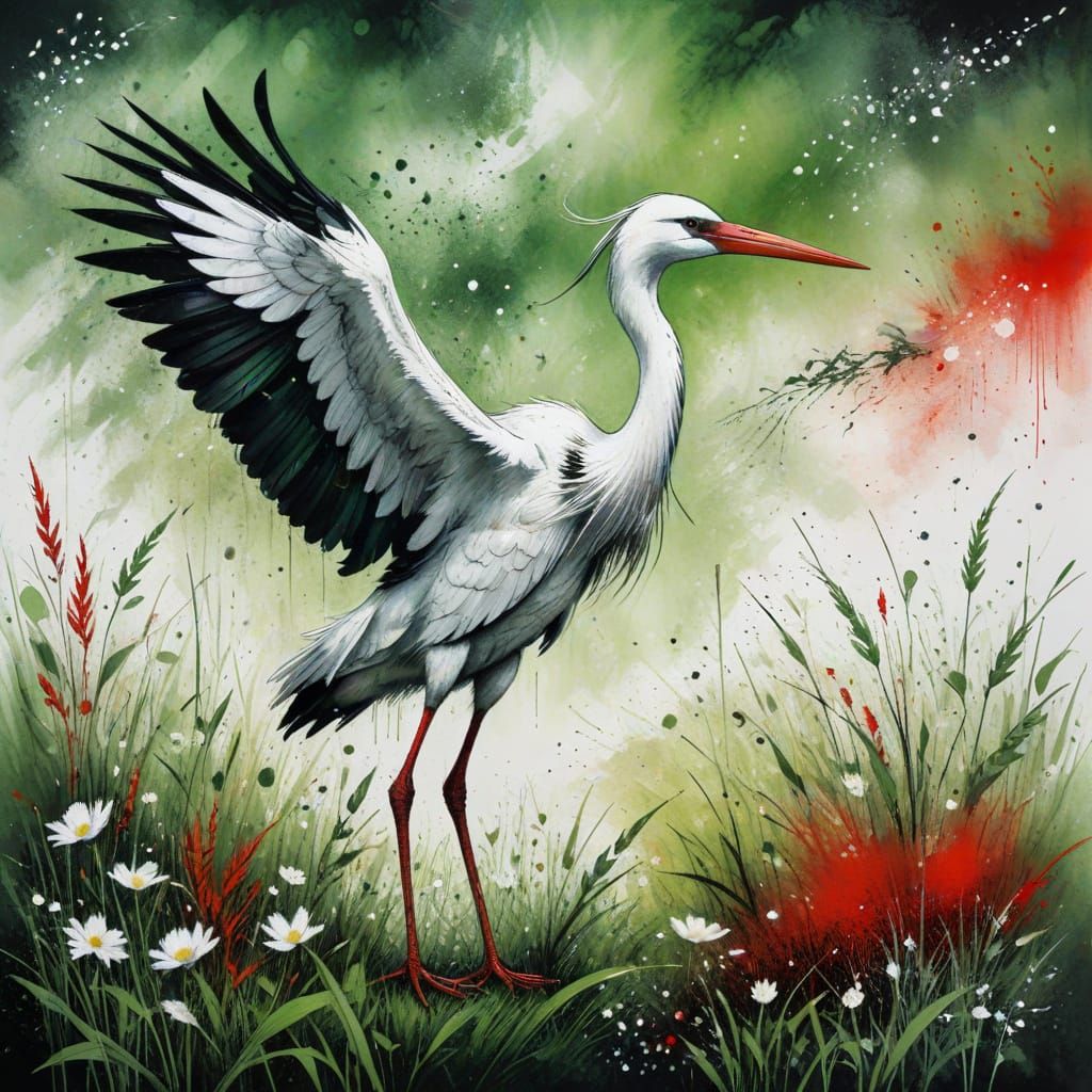 Stork in Meadow: Detailed Ink Painting
